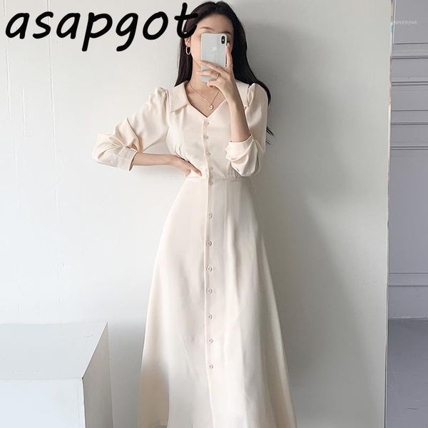 casual dresses wild chic french lapel elegant temperament single-breasted waist apricot long-sleeved dress women fashion kobieta sukienka sl, Black;gray