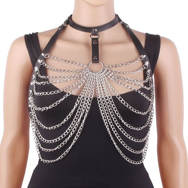 neck collar black color pu leather body harness for women hip hop multilayer tassel chest metal waist chain, Silver
neck collar black color pu leather body harness for women hip hop multilayer tassel chest metal waist chain, Silver