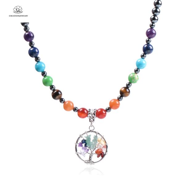 hand wound tree of life stone necklace black gallstone bead string jewelry yoga seven chakras natural gem pendant, Silver 
hand wound tree of life stone necklace black gallstone bead string jewelry yoga seven chakras natural gem pendant, Silver