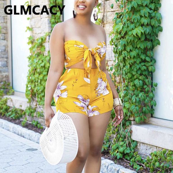 floral printed two piece suits tie front tube & bodycon shorts set 210702, White