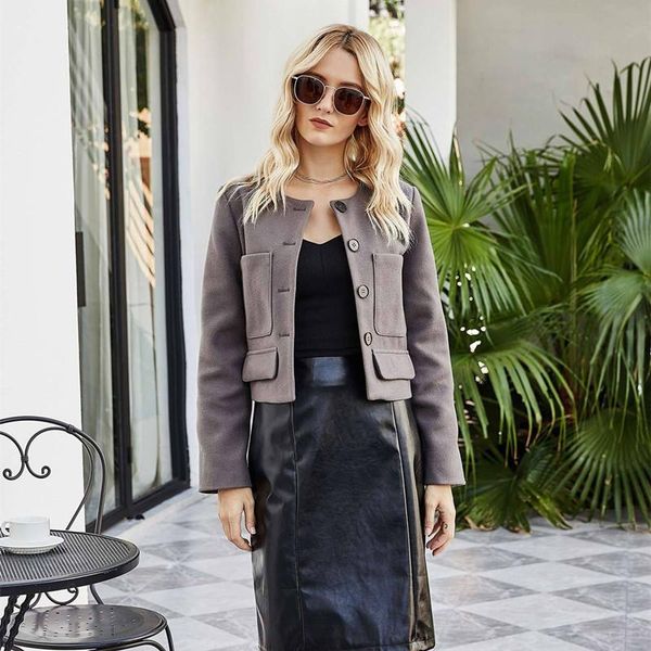 women's jackets casual autumn winter short coat and jacket women long sleeve button up o neck with pockets female gray cropped outwears, Black;brown
women's jackets casual autumn winter short coat and jacket women long sleeve button up o neck with pockets female gray cropped outwears, Black;brown