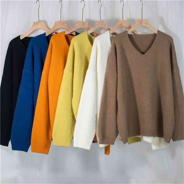spring autumn v neck oversize elegant solid warm pullover korean style jumpers lady women's sweaters 210430, White;black 
spring autumn v neck oversize elegant solid warm pullover korean style jumpers lady women's sweaters 210430, White;black