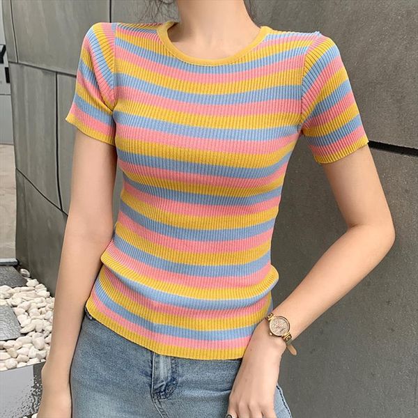 womens rainbow striped o neck sweater knitted shirt female students short sleeve pullover for girls summer real ps, White;black
womens rainbow striped o neck sweater knitted shirt female students short sleeve pullover for girls summer real ps, White;black