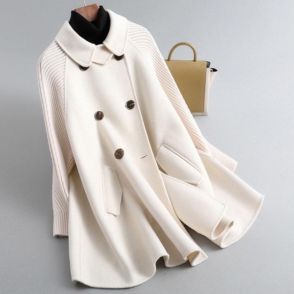 women's wool & blends double sided coat autumn winter dress jersey sleeve loose cape, Black 
women's wool & blends double sided coat autumn winter dress jersey sleeve loose cape, Black
