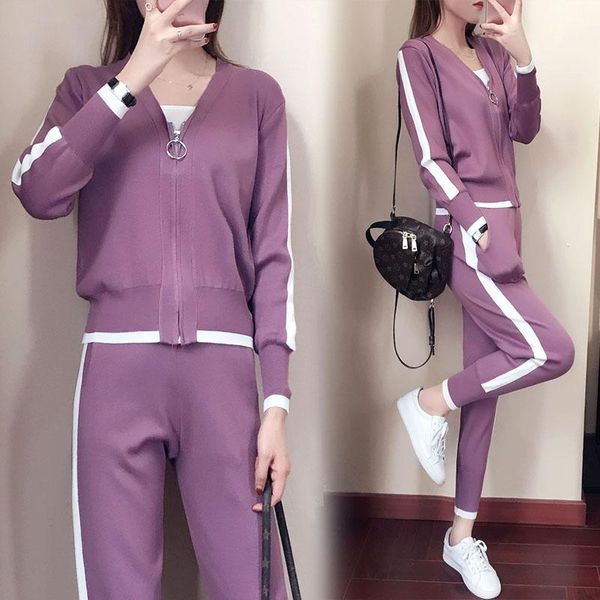 women's two piece pants women zipper v collar jacket coats+pencil pant suits knitted long sleeve casual sweaters trousers 2pcs sets for, White 
women's two piece pants women zipper v collar jacket coats+pencil pant suits knitted long sleeve casual sweaters trousers 2pcs sets for, White