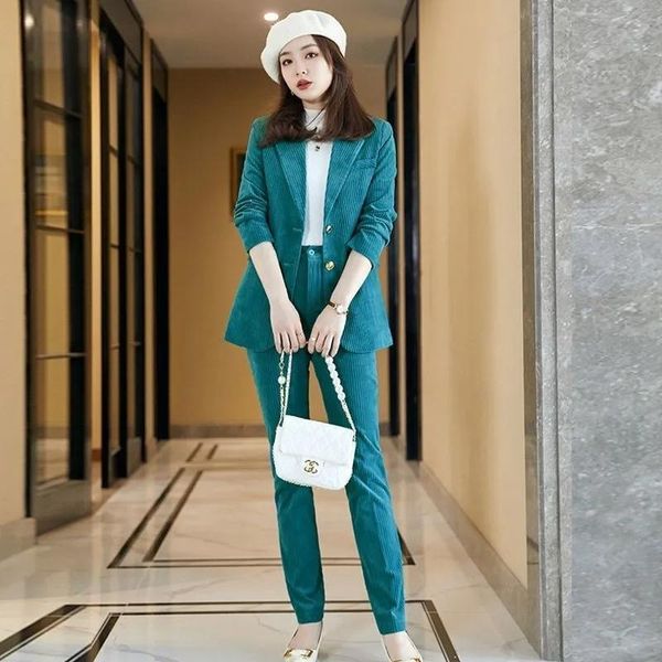 women's two piece pants corduroy suits female spring autumn green apricot navy blue blazer jacket + two-piece sets slim trousers, White
women's two piece pants corduroy suits female spring autumn green apricot navy blue blazer jacket + two-piece sets slim trousers, White