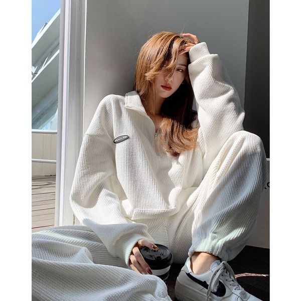 women's two piece pants zipper collar long sleeve solid pullover sweatshirts for women elastic bottom trousers wide leg suit set, White
women's two piece pants zipper collar long sleeve solid pullover sweatshirts for women elastic bottom trousers wide leg suit set, White