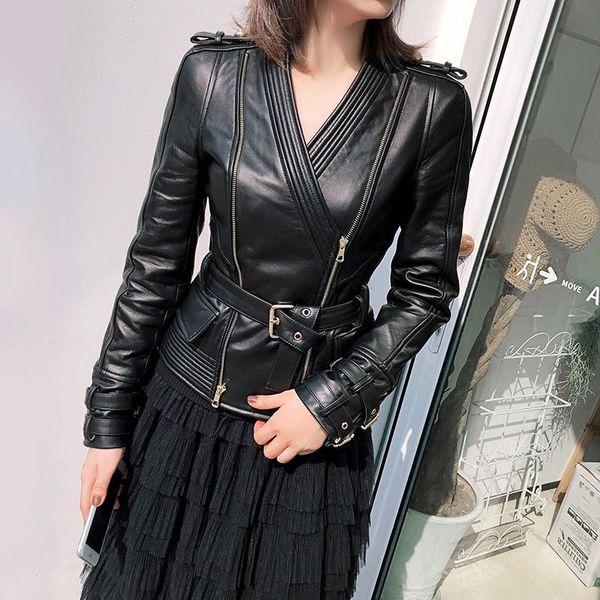 women's leather & faux 100%real women coats sheepskin genuine short v-neck jacket motorcycle clothing, Black
women's leather & faux 100%real women coats sheepskin genuine short v-neck jacket motorcycle clothing, Black
