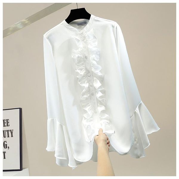 women's blouses & shirts long shirt women sweet pleated stitching vintage lotus leaf bell sleeve single-breasted irregular mid-length, White
women's blouses & shirts long shirt women sweet pleated stitching vintage lotus leaf bell sleeve single-breasted irregular mid-length, White