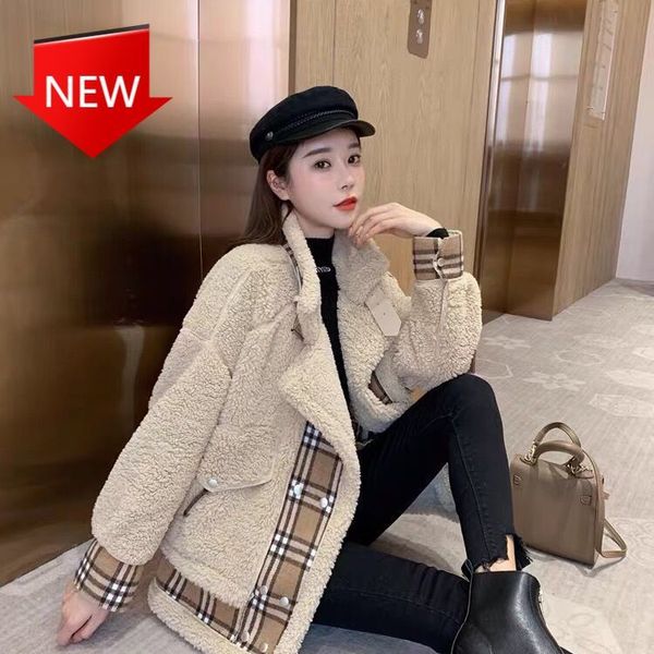 jackets engrossed integrated locomotive fur warm plaid female lamb coat winter small fragrance, Black;brown