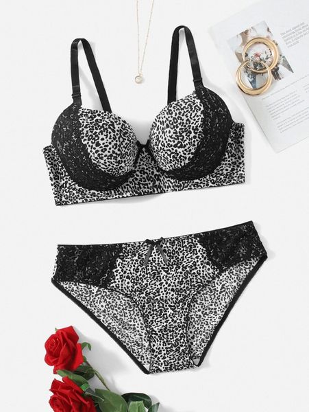plus leopard contrast lace underwire lingerie set d0ce#, Black;white 
plus leopard contrast lace underwire lingerie set d0ce#, Black;white