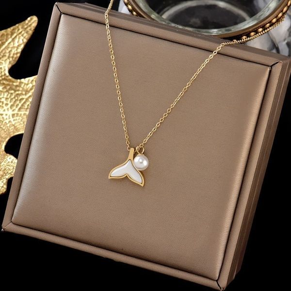 pendant white fritillaria fishtail steel necklace women's net red pearl clavicle chain ins cool wind pendant jewelry independent packag