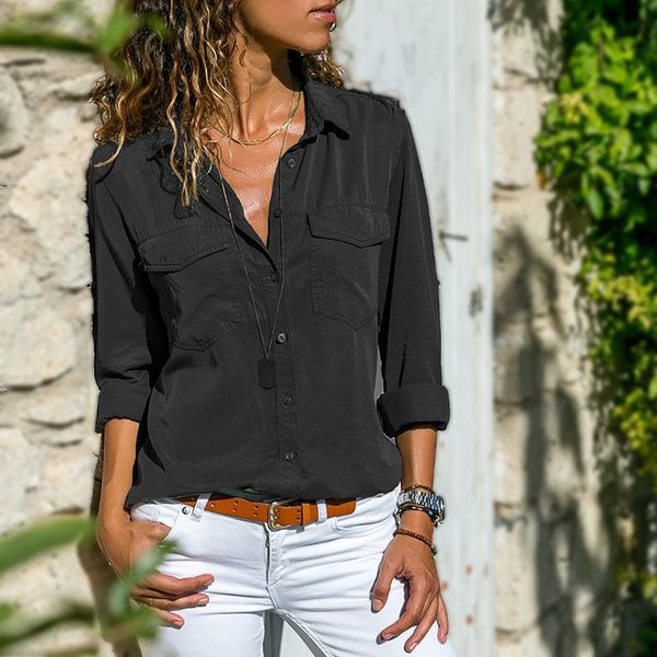 spring summer casual blouse women and blouse women shirt long sleeve button pocket black solid turn-down collar shirt, White
spring summer casual blouse women and blouse women shirt long sleeve button pocket black solid turn-down collar shirt, White
