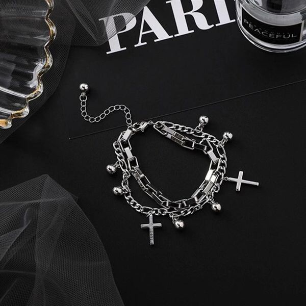 link, chain fashion stainless steel handcuffs delicate cross bracelet vintage punk double layer pendant for women men, Black
link, chain fashion stainless steel handcuffs delicate cross bracelet vintage punk double layer pendant for women men, Black