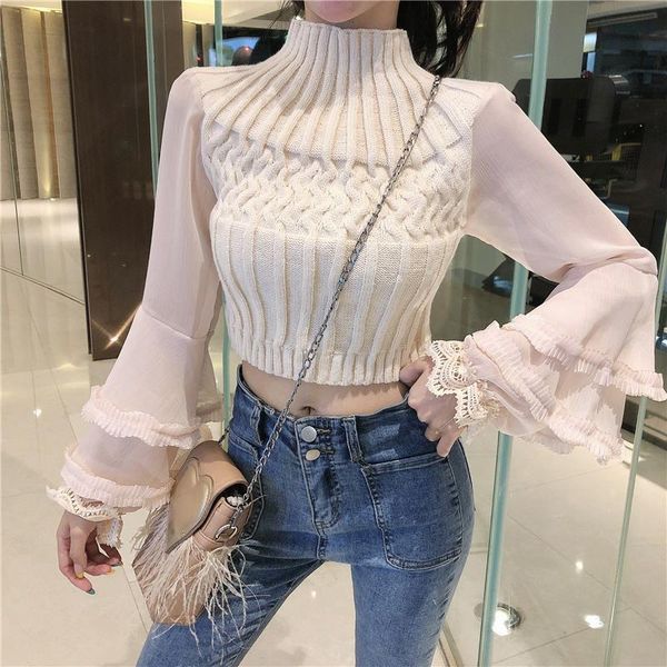women's sweaters flare sleeve women cropped korean woman chiffon sweater crop top, White;black
women's sweaters flare sleeve women cropped korean woman chiffon sweater crop top, White;black