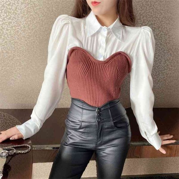 women knit patchwork fake two-piece shirts korean spring fashion puff sleeve turn down collar office ol slim blouse femme 210519, White
women knit patchwork fake two-piece shirts korean spring fashion puff sleeve turn down collar office ol slim blouse femme 210519, White