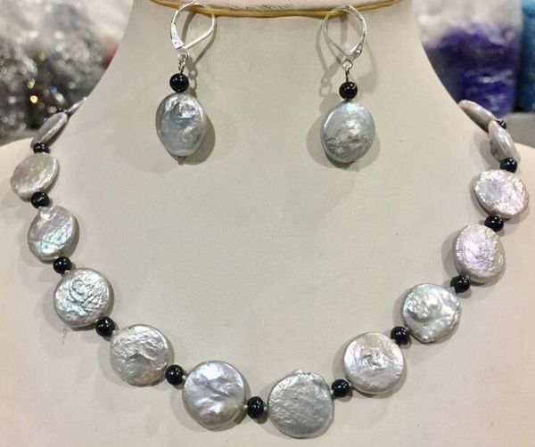 earrings & necklace beautiful 14-15mm coin gray pearl&black pearl necklace+ set 20", Silver
earrings & necklace beautiful 14-15mm coin gray pearl&black pearl necklace+ set 20", Silver