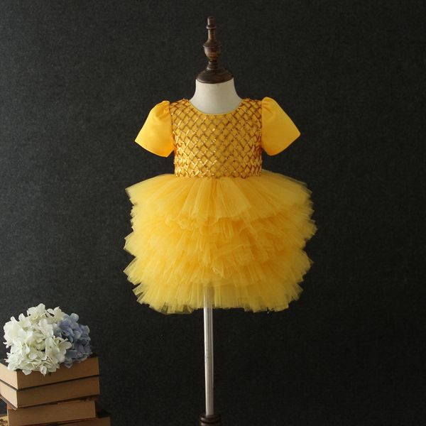 girl's dresses retail little baby short sleeve flower sequins plaid performance wedding es kids clothing e19030 r235, Red;yellow