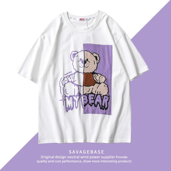 2021 summer fashion couple's embroidered bear t-shirt men's short sleeve flocking print t-shirt, White
2021 summer fashion couple's embroidered bear t-shirt men's short sleeve flocking print t-shirt, White
