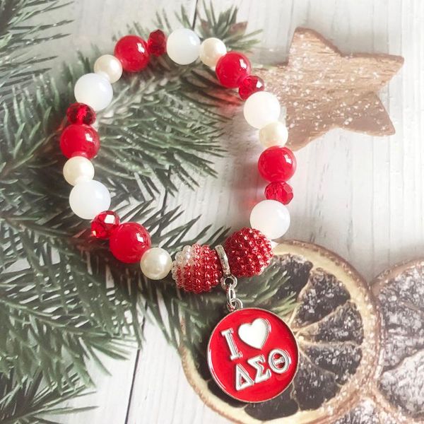 beaded, strands hand made elastic greek sorority red white pearl detal charm bracelet jewelry, Black
beaded, strands hand made elastic greek sorority red white pearl detal charm bracelet jewelry, Black