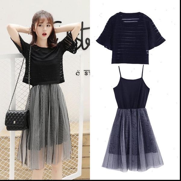 short summer vestidos mujer mesh womens dress a line mini elegant shirt sling two set fashion zs8, Black;gray
short summer vestidos mujer mesh womens dress a line mini elegant shirt sling two set fashion zs8, Black;gray