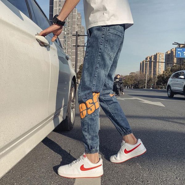 men's jeans summer men 's fashion brand ins ruoshuai slim fit printed all -matching pants korean cropped casual trouser, Blue
men's jeans summer men 's fashion brand ins ruoshuai slim fit printed all -matching pants korean cropped casual trouser, Blue