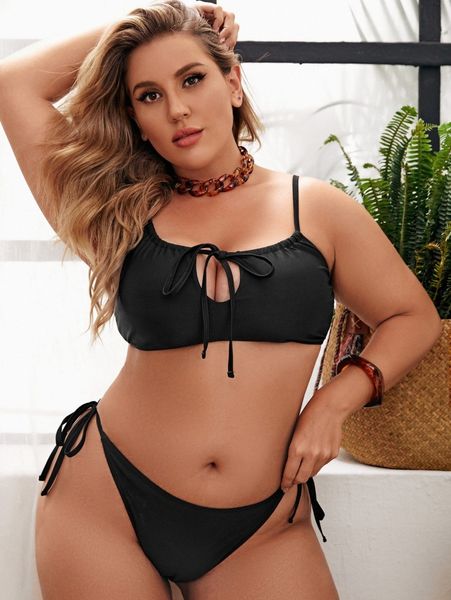 plus keyhole tie side bikini swimsuit r211#, Black