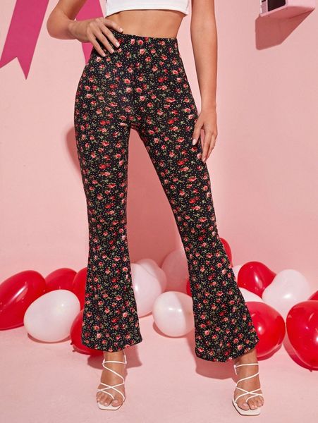 floral and polka dot flare leg pants a2qr#, Black;white