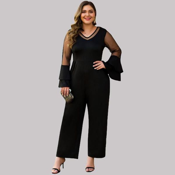 women's jumpsuits & rompers plus size long double layered flare sleeves mesh v neck wide leg black jumpsuit playsuit romper dungarees p, Black;white 
women's jumpsuits & rompers plus size long double layered flare sleeves mesh v neck wide leg black jumpsuit playsuit romper dungarees p, Black;white