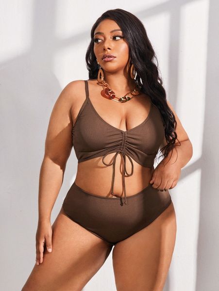 plus solid drawstring front bikini swimsuit b1l4#, Black 
plus solid drawstring front bikini swimsuit b1l4#, Black