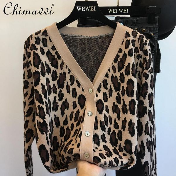 women leopard print korean style loose versatile coat spring 2021 v-neck knitted long sleeve cardigan women's jackets, Black;brown
women leopard print korean style loose versatile coat spring 2021 v-neck knitted long sleeve cardigan women's jackets, Black;brown