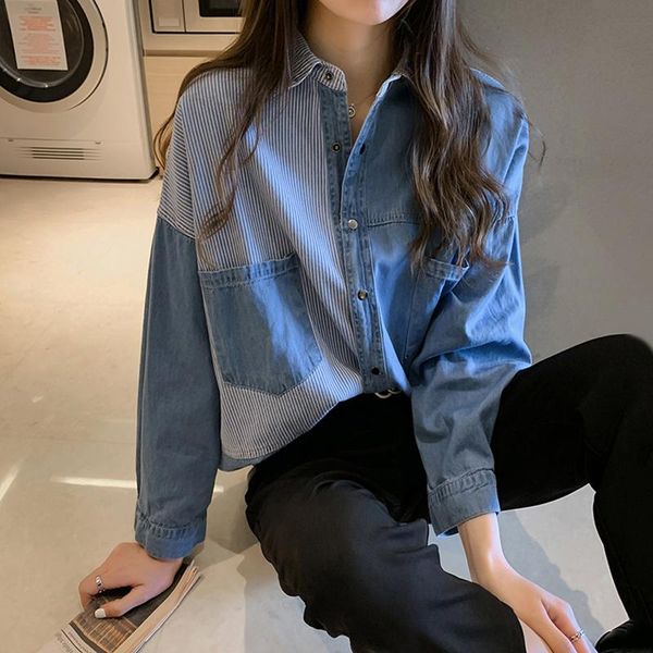 women's blouses & shirts denim shirt long-sleeved striped patchwork loose fashion design korean clothing, White
women's blouses & shirts denim shirt long-sleeved striped patchwork loose fashion design korean clothing, White