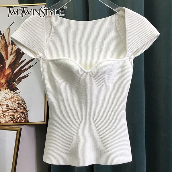 twotwinstyle casual knitting shirt women square collar short sleeve slim tunic blouse female fashion clothing spring 210317, White
twotwinstyle casual knitting shirt women square collar short sleeve slim tunic blouse female fashion clothing spring 210317, White