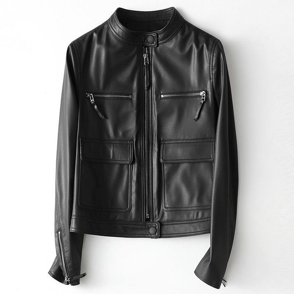 women's leather & faux real sheepskin motorcycle coats jackets ladies genuine stand collar zipper pocket short overcoats 2021, Black
women's leather & faux real sheepskin motorcycle coats jackets ladies genuine stand collar zipper pocket short overcoats 2021, Black