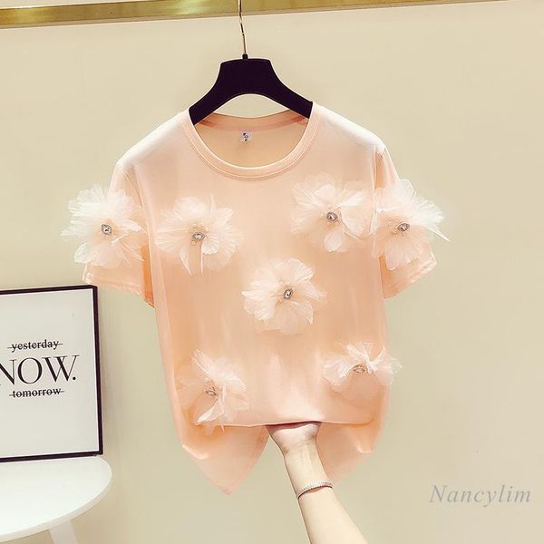 women's t-shirt fashion beaded flower summer pink cotton round neck short sleeve all-match white tees girls ladies
women's t-shirt fashion beaded flower summer pink cotton round neck short sleeve all-match white tees girls ladies