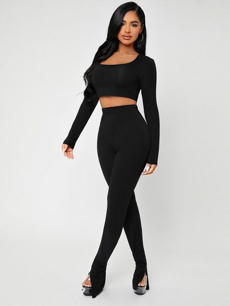 sxy scoop neck crop & split hem leggings c5kz#, White
sxy scoop neck crop & split hem leggings c5kz#, White