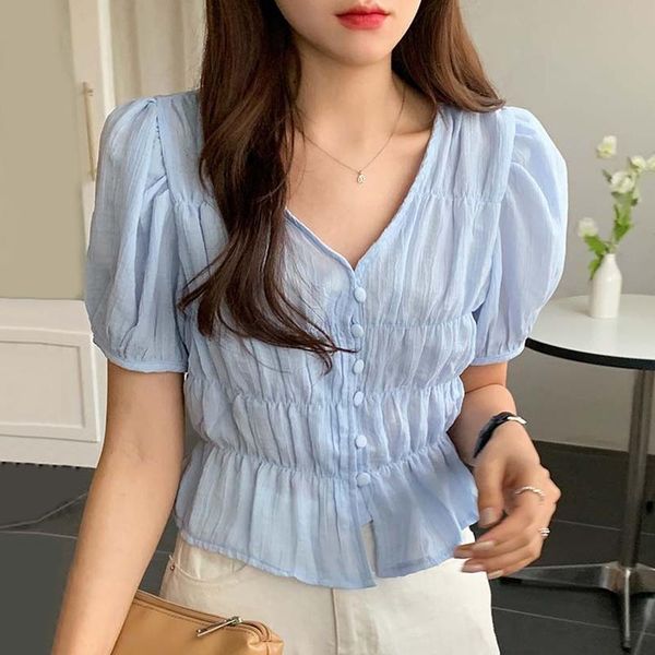 women's blouses & shirts korean chic summer gentle v-neck milky soft blue skin folds waist single-breasted puff sleeve shirt women, White
women's blouses & shirts korean chic summer gentle v-neck milky soft blue skin folds waist single-breasted puff sleeve shirt women, White