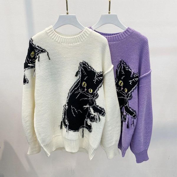 women's sweaters pure sheep wool sweater women 2021 oversized knitted woolen pullover o-neck cat jacquard jumper korean harajuku jerse, White;black
women's sweaters pure sheep wool sweater women 2021 oversized knitted woolen pullover o-neck cat jacquard jumper korean harajuku jerse, White;black