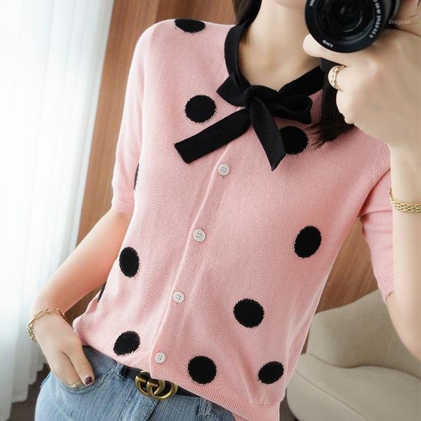 women's t-shirt summer pure cotton casual pullover knitwear short-sleeved bow tie collar polka dot pattern tees, White
women's t-shirt summer pure cotton casual pullover knitwear short-sleeved bow tie collar polka dot pattern tees, White