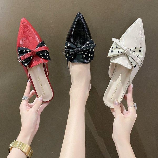 women slippers thick heeled closed toes half female 2021 autumn bow knot polka dot muller shoes outer wear sandals, Black