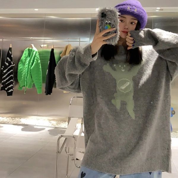 autumn and winter new korean casual bear loose round neck women's wd mohair medium length sweater, White
autumn and winter new korean casual bear loose round neck women's wd mohair medium length sweater, White