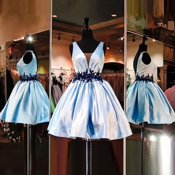 short homecoming dresses deep v neck satin appliques sashes cocktail dresses prom party gowns formal dress, Blue;pink
short homecoming dresses deep v neck satin appliques sashes cocktail dresses prom party gowns formal dress, Blue;pink