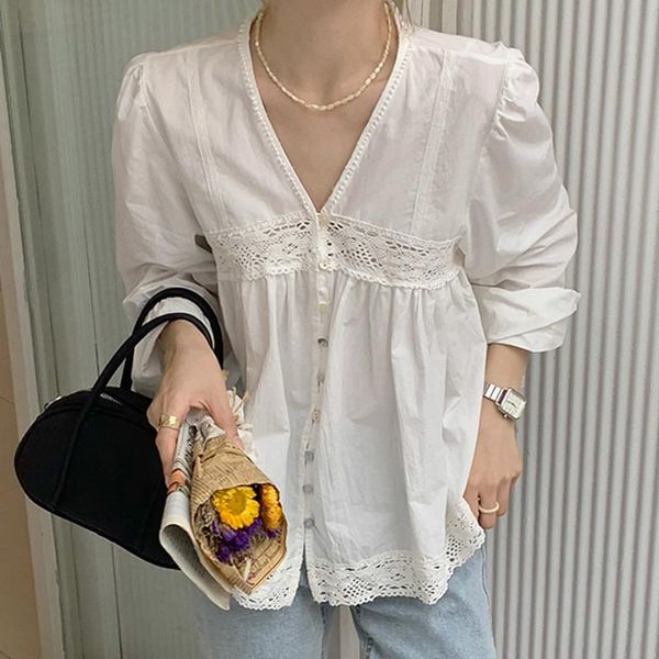 women's blouses & shirts hzirip summer v-neck sweet lace spliced long-sleeved shirt ladies 2021 all-match chic fashion casual single-br, White
women's blouses & shirts hzirip summer v-neck sweet lace spliced long-sleeved shirt ladies 2021 all-match chic fashion casual single-br, White