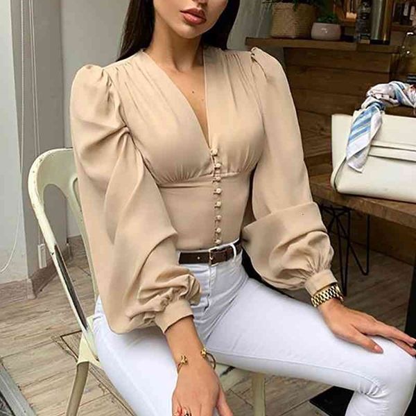 women's knits & tees sping v neck single breasted blouses shirt women casual long lantern sleeve office blouse female fashion work, White
women's knits & tees sping v neck single breasted blouses shirt women casual long lantern sleeve office blouse female fashion work, White