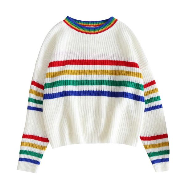 women's sweaters women sweater knitted pullovers long sleeve white rainbow striped loose winter, White;black
women's sweaters women sweater knitted pullovers long sleeve white rainbow striped loose winter, White;black