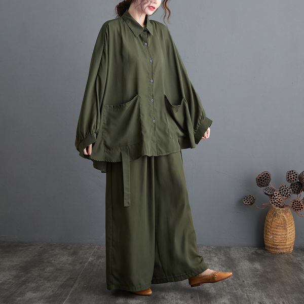 johnature spring women two piece set and pants casual turn-down collar elastic waist wide leg pants army green sets 210521, White
johnature spring women two piece set and pants casual turn-down collar elastic waist wide leg pants army green sets 210521, White