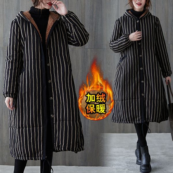leather ethnic style in addition to thick velvet stripe female cotton autumn and winter loose big casual size with warm hood quilted jacket, Black
leather ethnic style in addition to thick velvet stripe female cotton autumn and winter loose big casual size with warm hood quilted jacket, Black