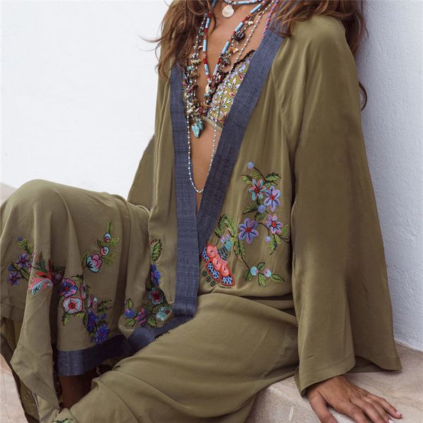 2021 army green bohemian embroidered front open long women blouse summer beach wear kimono cardigan robe shirts n882, White
2021 army green bohemian embroidered front open long women blouse summer beach wear kimono cardigan robe shirts n882, White