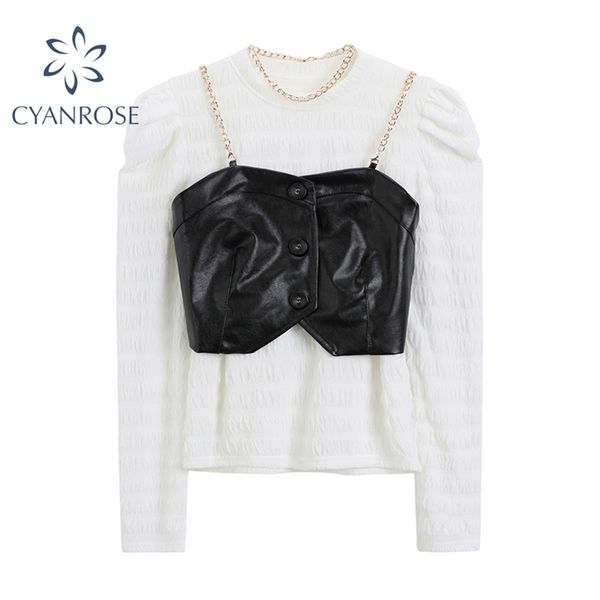 spring women's t shirt with pu leather chain strap vest outfits lady long sleeve clubwear party casual tees sets 210430, White
spring women's t shirt with pu leather chain strap vest outfits lady long sleeve clubwear party casual tees sets 210430, White