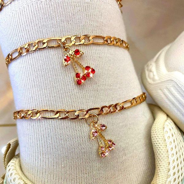anklets fashion crystal cute cherry pendants bracelets for women golden fruit metal figaro chain anklet barefoot sandals jewelry, Red;blue 
anklets fashion crystal cute cherry pendants bracelets for women golden fruit metal figaro chain anklet barefoot sandals jewelry, Red;blue